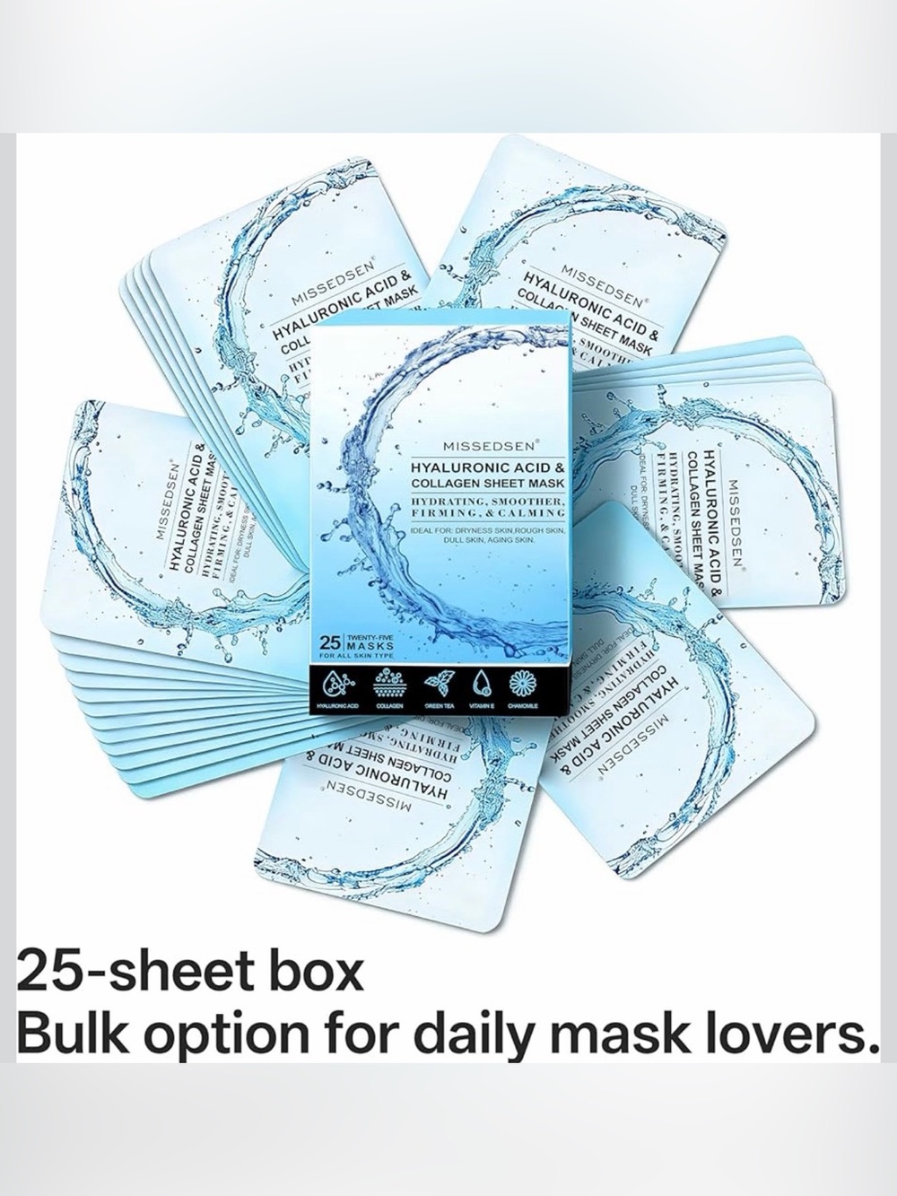 Hyaluronic Acid & Collagen Hydrating Sheet Masks All Skin Types (25 Sheets) NIB - Picture 3 of 14